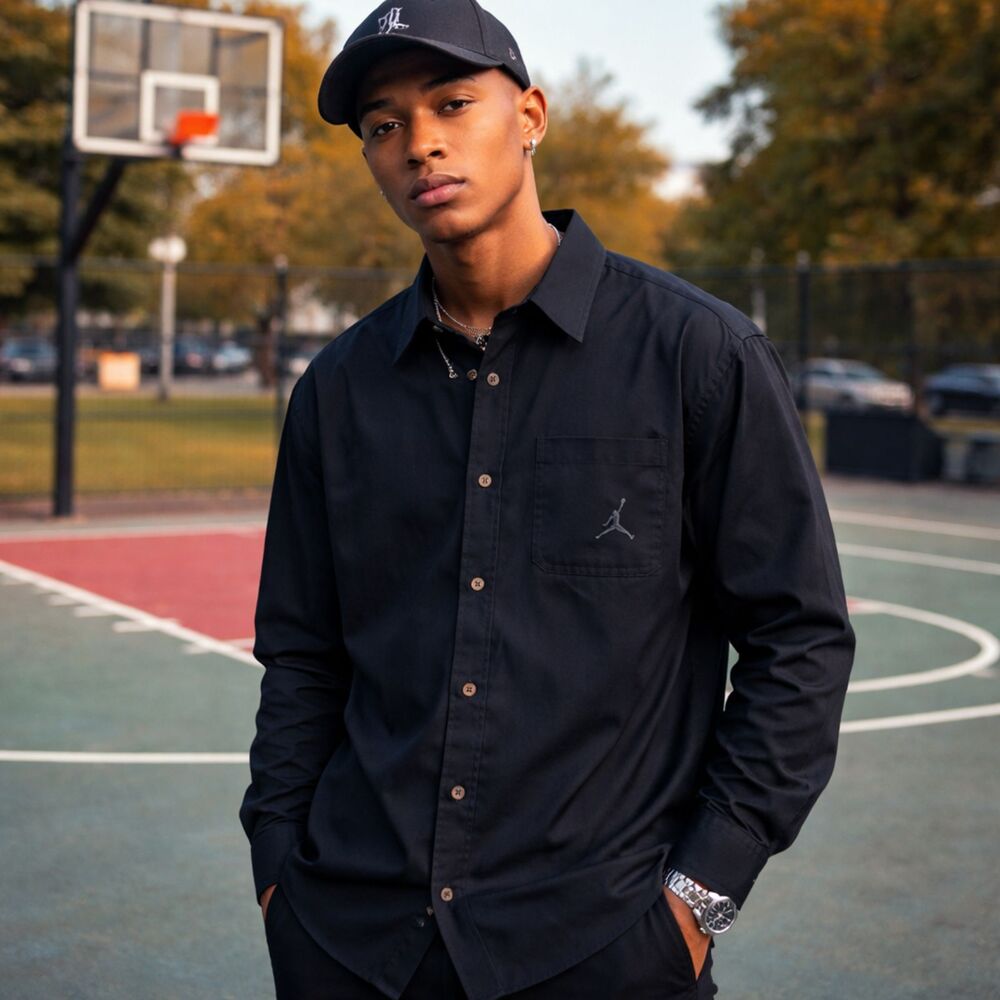 Jordan Jumpman Button Down Shirt Loose Fit Herringbone Black S Classic NWT